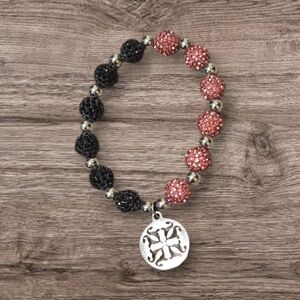 Rustic Cuff Black and Pink Beaded Bracelet with Silver Charm